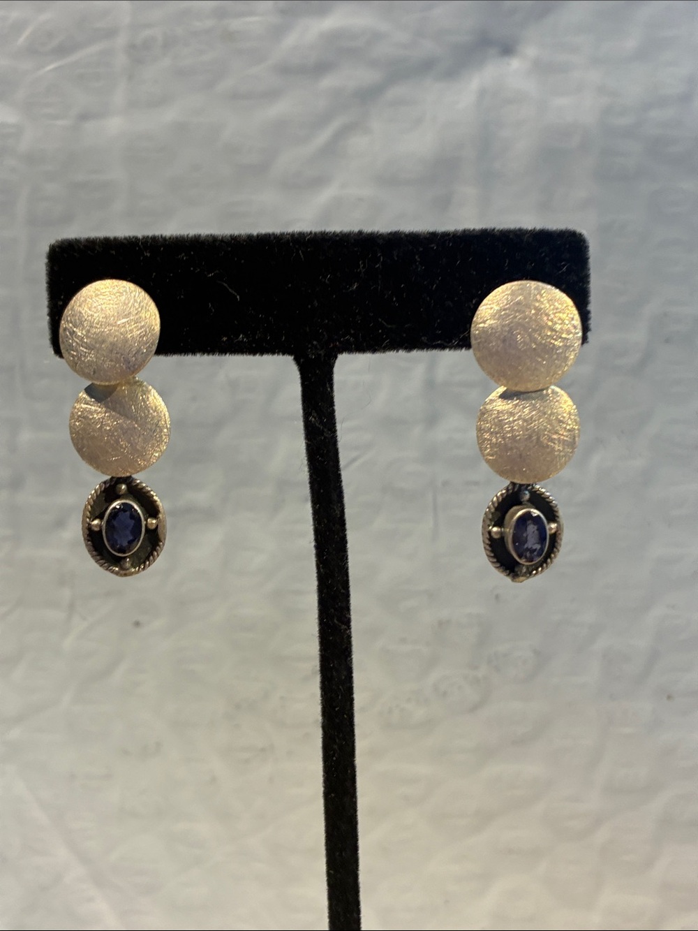 Sterling Silver Double Disc Drop Earrings with Sapphire Stone